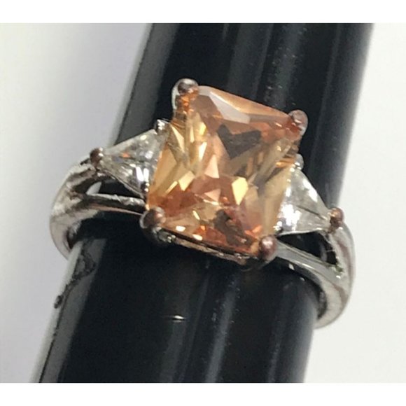 Peach Princess Cut Topaz with Ring Clear CZ Side Stones Sz 6.75 Silver Tone - Picture 3 of 3